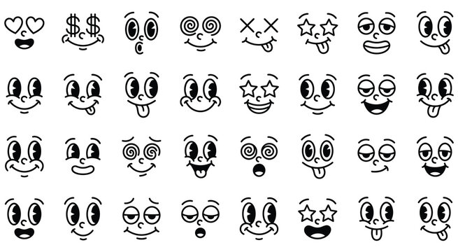 Retro cartoon character faces with funny expressions.