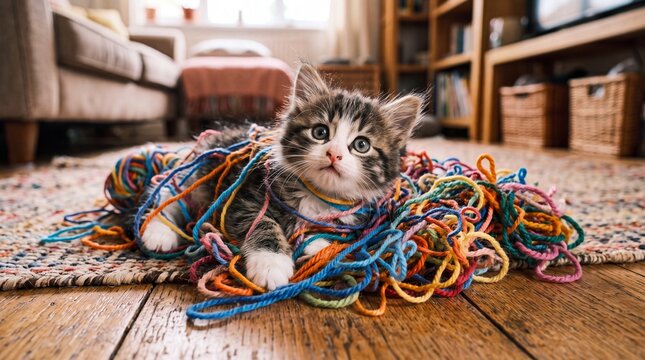 Cute Kitten Tangled in Colorful Yarn on Floor