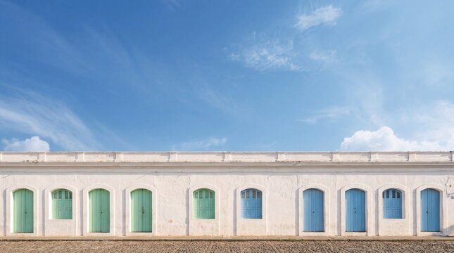 Minimalist Colonial Building Facade with Pastel Doors and Sky
