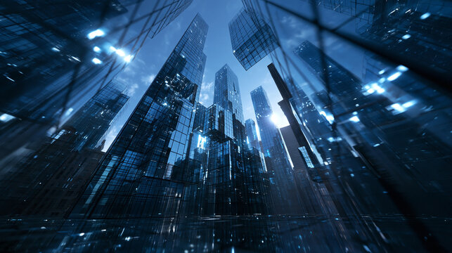 Futuristic Digital City Skyscrapers with Glowing Blue Lights