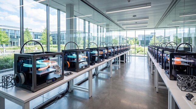 Row of 3D Printers Operating in Modern Laboratory