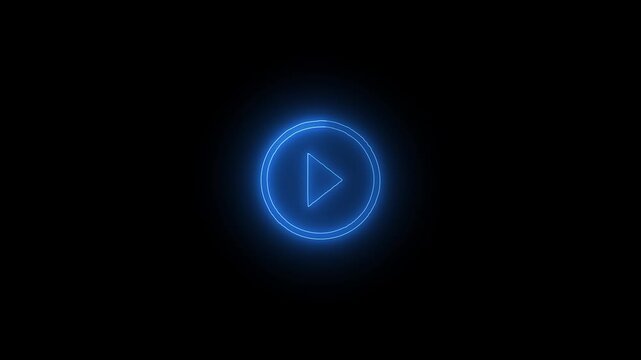 Neon light circular play button icon on a black background, featuring a bold white outline circle with a white right-pointing triangular play symbol in the center.