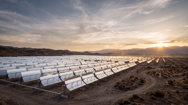 Solar Thermal Power Plant in Desert at Sunset