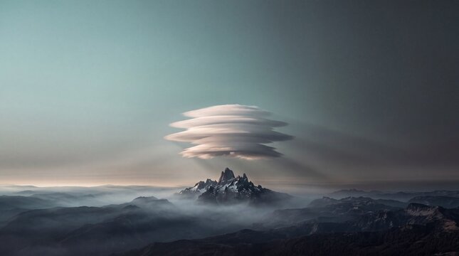 Lenticular Cloud Hovering Over Mountain Peak at Dawn
