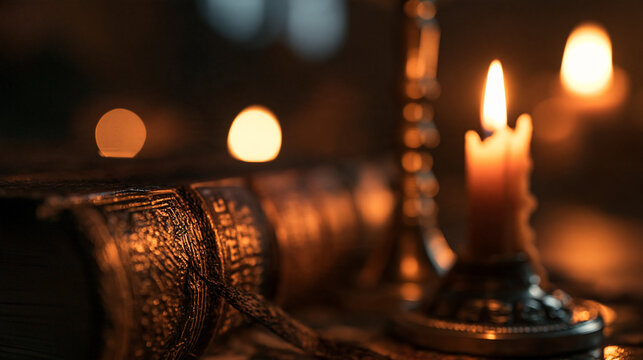 Ancient Leather Book Beside Glowing Candle Flame