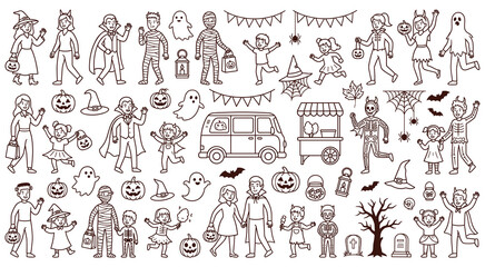 Fototapeta premium Halloween characters in costumes and spooky decorations.