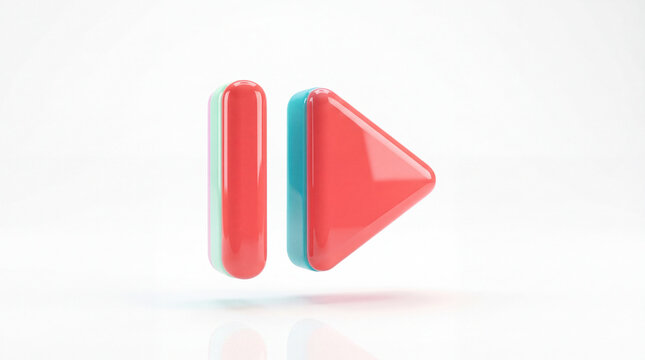 Skip button 3D icon in glossy red and blue layered plastic, isolated on a white reflective background for mobile application interfaces, audio player design, and UI media control