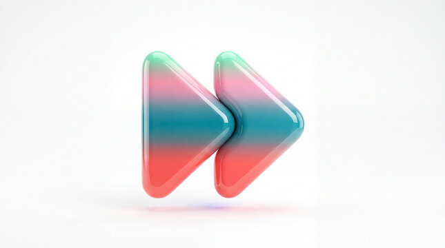 Fast forward icon with glossy gradient arrows rendered in colorful smooth plastic on an isolated bright surface for media player interface, streaming app navigation, and web UI design