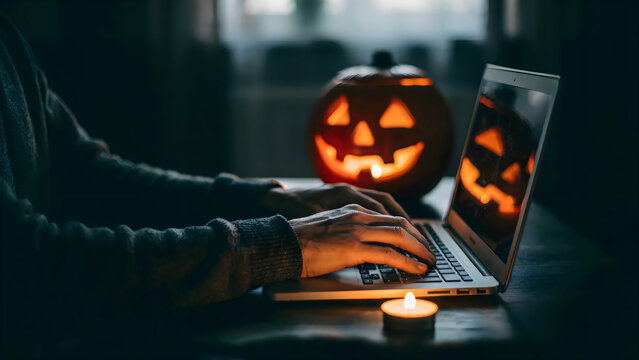 Person typing on a laptop computer on a table with a glowing carved pumpkin with carved jack lantern computer dimly lit