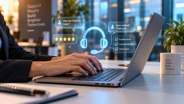 Support agent hands typing on laptop with 3D customer service chat and headset hologram