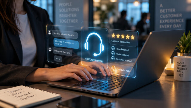 Support agent hands typing on laptop with 3D customer service chat and headset hologram