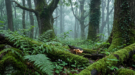 Fototapeta premium Misty ancient woodland floor with moss covered logs, ferns, ivy clad trees and wild mushrooms in a lush green temperate rainforest after rainfall