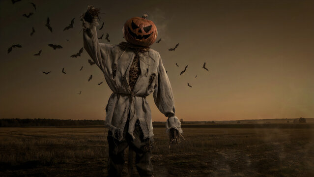 A scarecrow with a carved pumpkin head standing in a field with flying bats at dusk with scarecrow wearing tattered