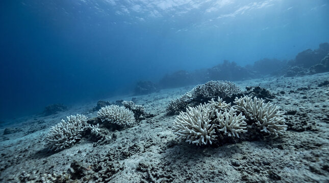 Bleached coral reef on a shallow tropical seabed beneath clear blue water, showing fragile underwater ecosystem, climate change stress and damage