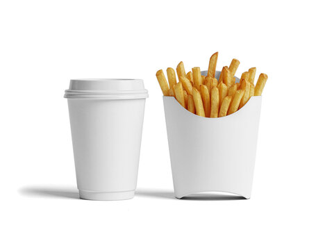 Beverage Cup and French Fries on White Background
