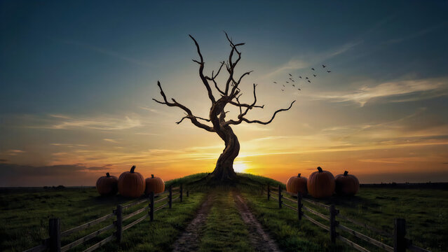 Bare tree standing on a hill with pumpkins in a field at sunset in autumn with surrounded orange pumpkins gnarled leafless tree