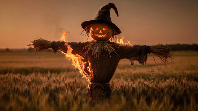 A burning pumpkin headed scarecrow standing in a golden wheat field during a sunset evening with scarecrow glowing jack