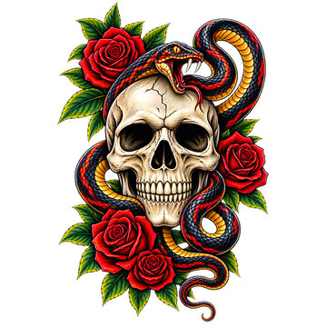 Gothic Skull with Coiled Snake, Crown and Red Roses T-Shirt Design