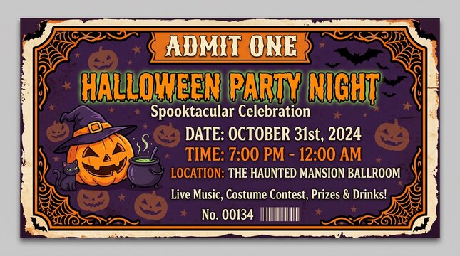 halloween party ticket admit one event invitation night spooky celebration october costume contest haunted mansion ballroom pumpkin jack o lantern on transparent background