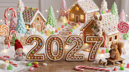Obraz premium Festive gingerbread village with year 2027 numbers candy canes and cute toy animals for new year celebration