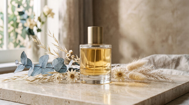 perfume bottle on polished stone surface with dried flowers