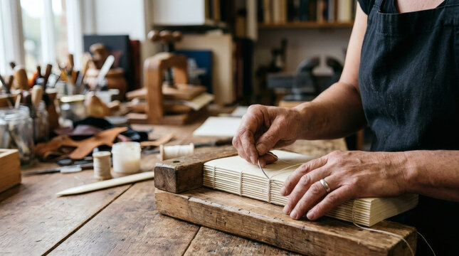 Artisan hands stitching a book in a workshop