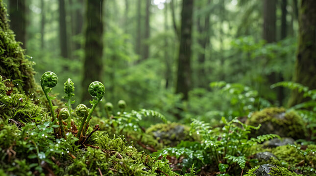 Close up of green fern fiddleheads emerging from mossy ground in a lush temperate rainforest during a light rain shower with a soft blurred forest background