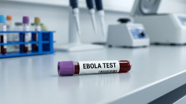 Ebola Test Blood Sample Tube Resting on Laboratory Workbench Desk