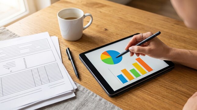 Hand holding stylus over tablet with pie chart and bar graph beside blank forms