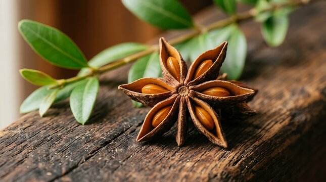 Star anise spice pod with seeds on a rustic weathered wooden board with green leaves