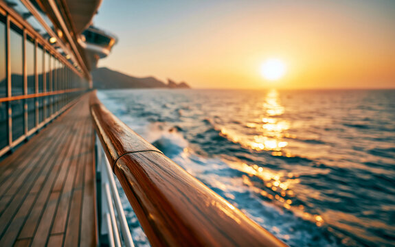 Wooden railing of cruise ship deck with sunset over ocean