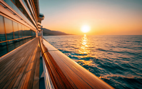 Wooden railing of cruise ship deck with sunset over ocean