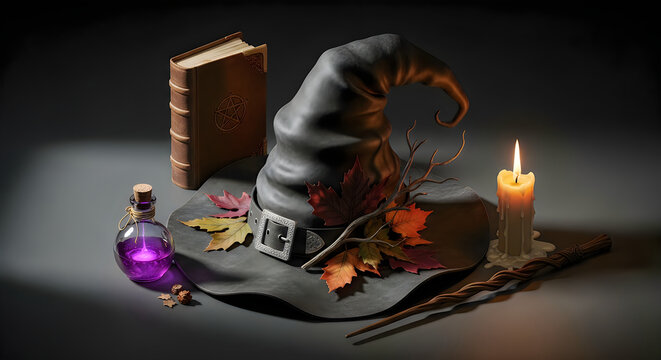 Witchcraft still life with spellbook pointed hat potion bottle and autumn leaves