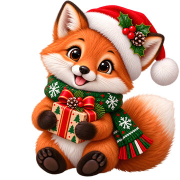 Joyful fox wearing Santa hat and scarf holding gift box during winter celebration