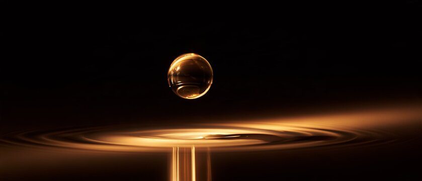 Commercial Macro Photo of Spherical 24K Liquid Gold Droplet Suspended Above Obsidian Mirror for Capital Liquidity and Pure Wealth Concept
