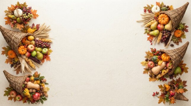 Festive thanksgiving cornucopia arrangement with autumn harvest fruits and vegetables on white background