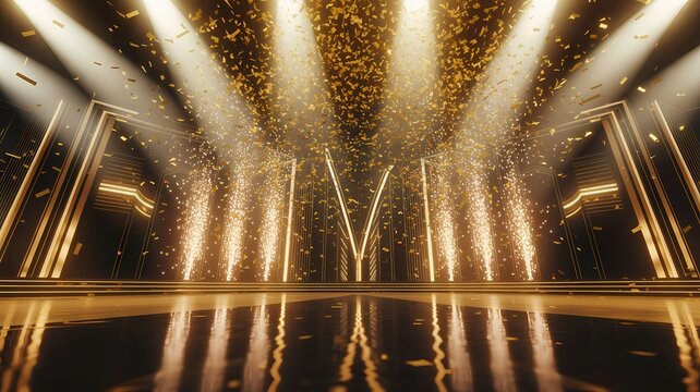 Gold award ceremony stage with confetti and spotlights. Luxury event interior background