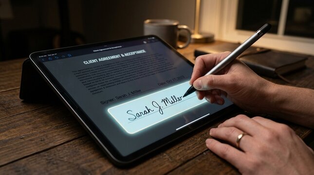 Digital Signature Pad Glowing Softly on Tablet Close-Up - E-Signature and Digital Documentation Concept