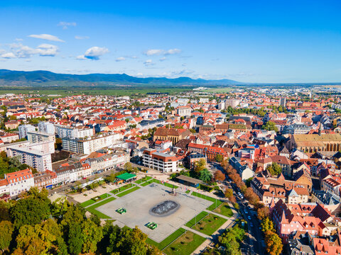 Aerial view Place Rapp square, old town, Saint Martin Church in Colmar