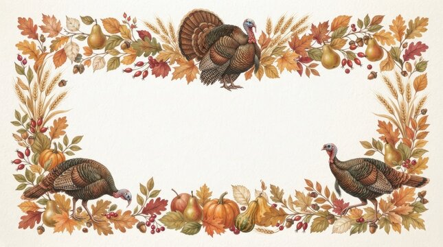 A festive thanksgiving border featuring turkeys pumpkins and autumnal foliage designs