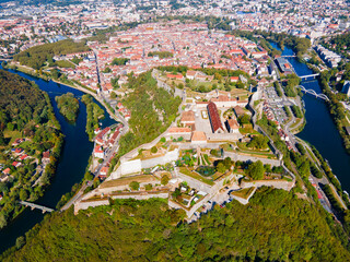 Obraz premium Aerial view of Besancon citadel, old town l on Doubs river, France