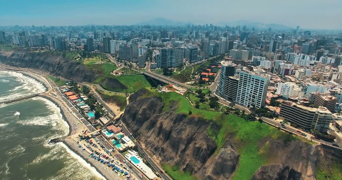 Aerial View of Miraflores Coastline and Cityscape in Lima Peru