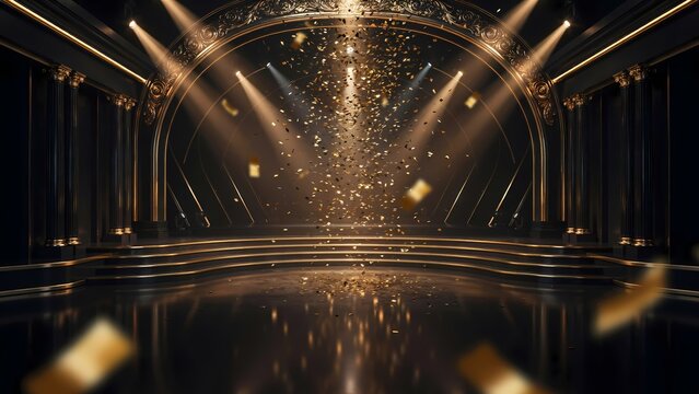 Luxury theater stage with gold confetti. Spotlight beams illuminating a dark venue interior. Festive event background for awards ceremony