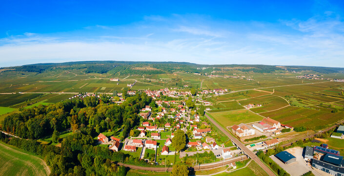 Aerial view of Vougeot village, Clos de Vougeot vineyards in Burgundy