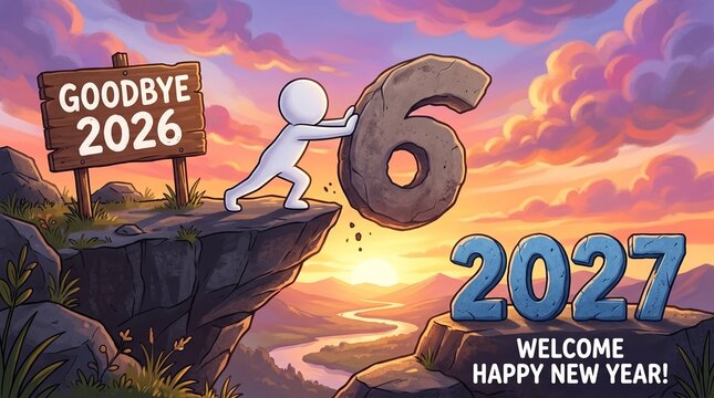 3 d figure pushing number 6 off cliff for new year 2027 isolated on a transparent background