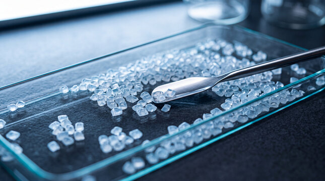 Clear polymer resin pellets in a glass tray with a metal spatula for industrial chemical research and plastic manufacturing processes in a laboratory.
