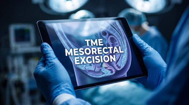 Surgeon holding a tablet displaying TME mesorectal excision medical imaging in a hospital operating room