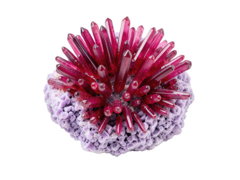 x-default Pink Rubellite Tourmaline Crystal Spray on Lilac Lepidolite Mineral Specimen Isolated