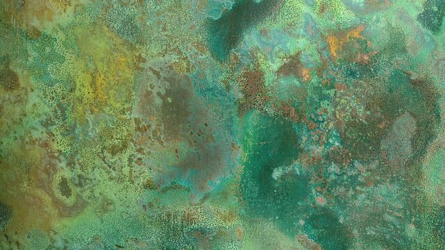 Macro timelapse of copper oxidation and patina formation, showing a dramatic transformation from warm copper tones to turquoise, green and blue corrosion patterns with a delicate surface film