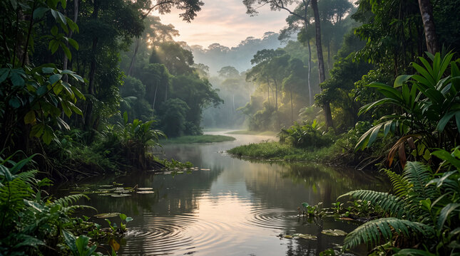 Misty tropical rainforest river at sunrise with lush jungle foliage, calm reflective water, lily pads, and sunbeams through dense green canopy